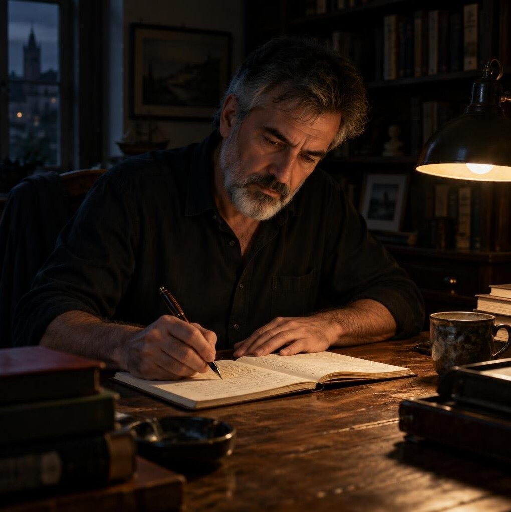 Croatian mystery novelist in his fifties writing by hand at a wooden desk in a dim study
