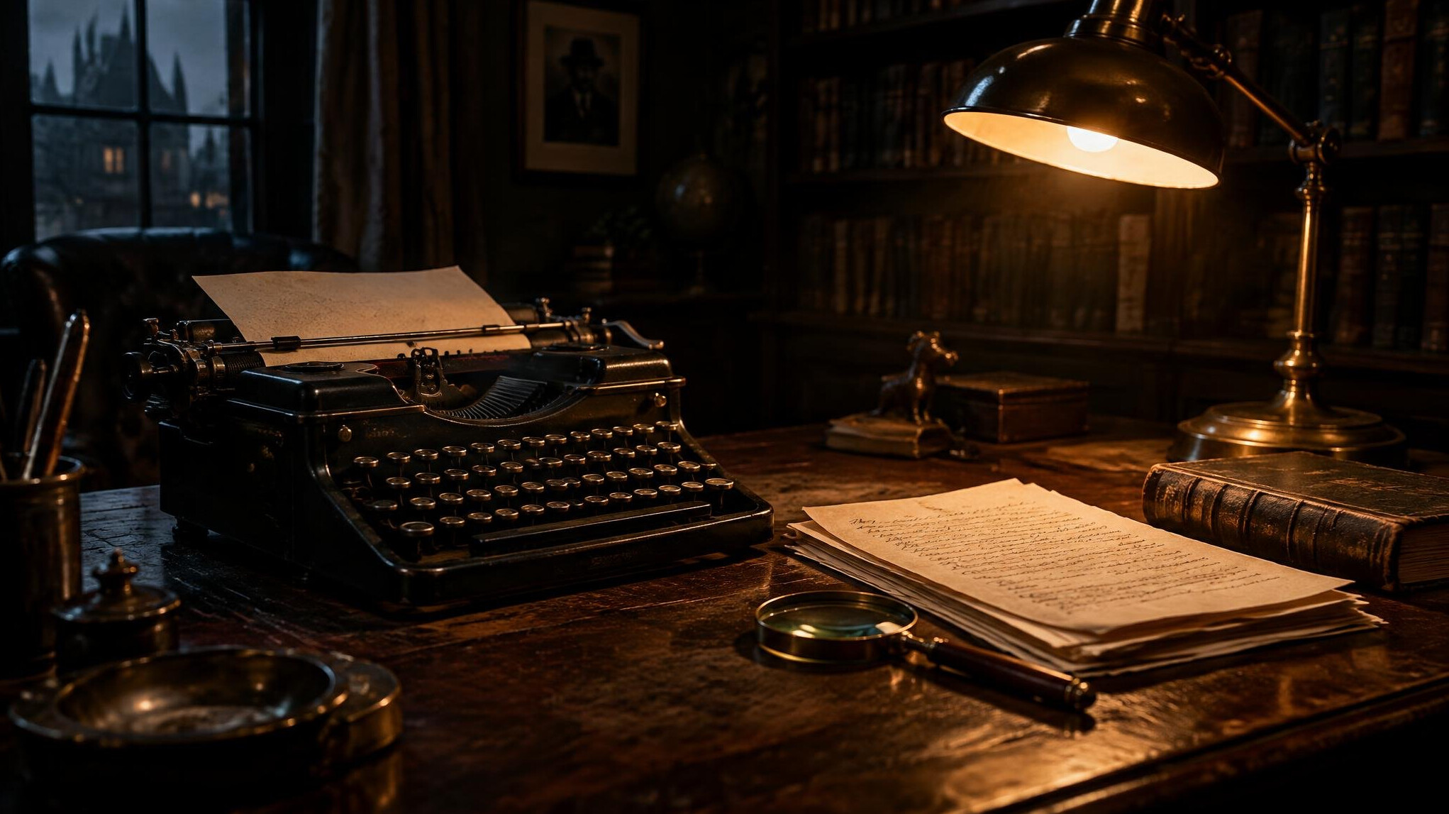 Old wooden writing desk with a typewriter, magnifying glass and stack of papers under warm lamp light