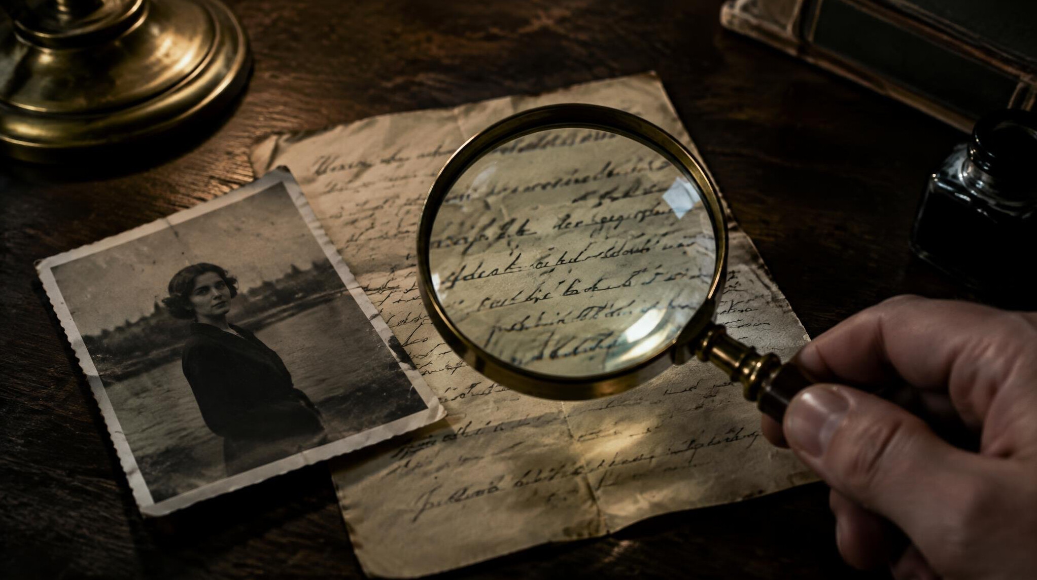 Close-up of a hand holding a magnifying glass over an old handwritten letter on a dark desk