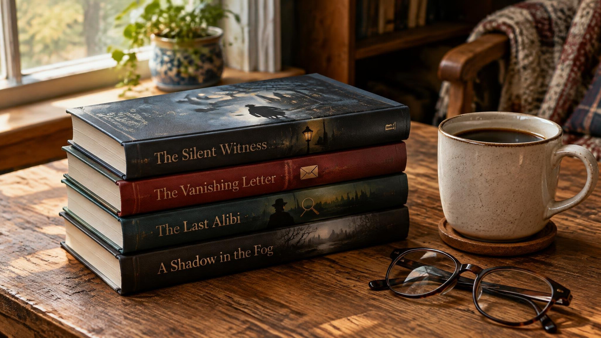 Stack of hardcover novels with a cup of coffee and reading glasses on a wooden table