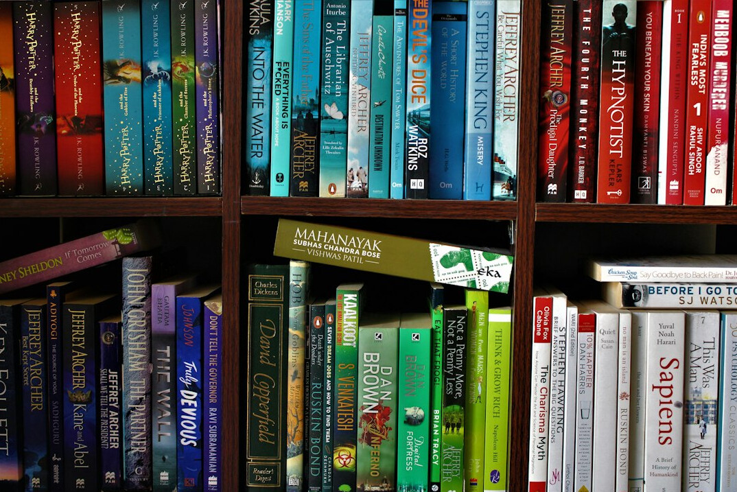 bookshelf with mysteries